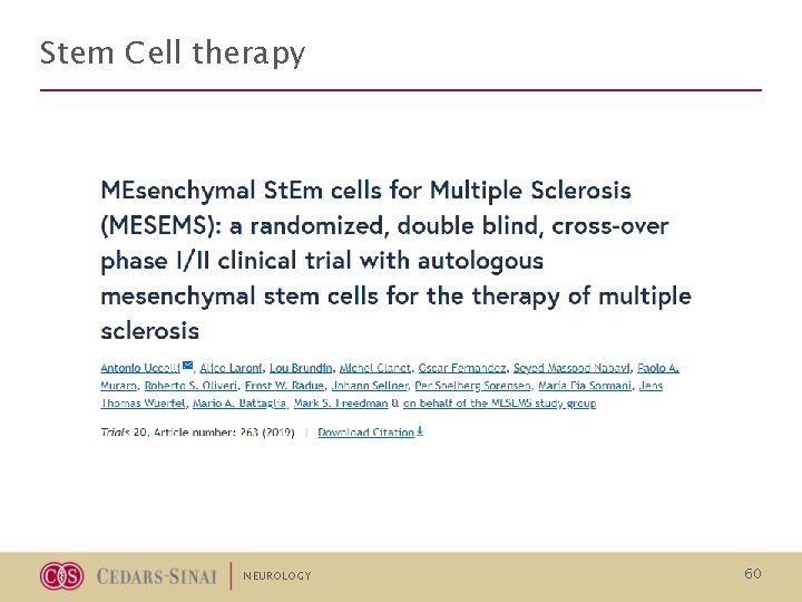 Stem Cell therapy NEUROLOGY 60 Stem Cell therapy NEUROLOGY 60