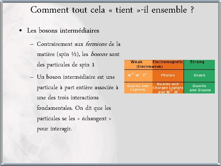 Comment tout cela « tient » -il ensemble ? • Les bosons intermédiaires –