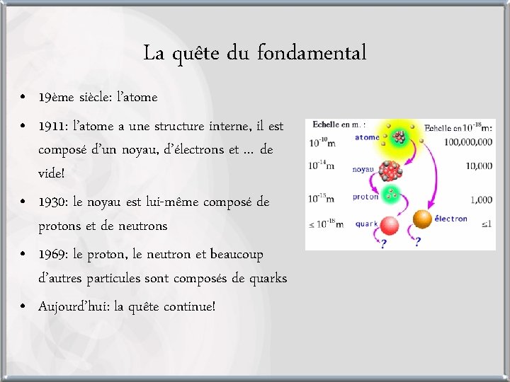 La quête du fondamental • 19ème siècle: l’atome • 1911: l’atome a une structure