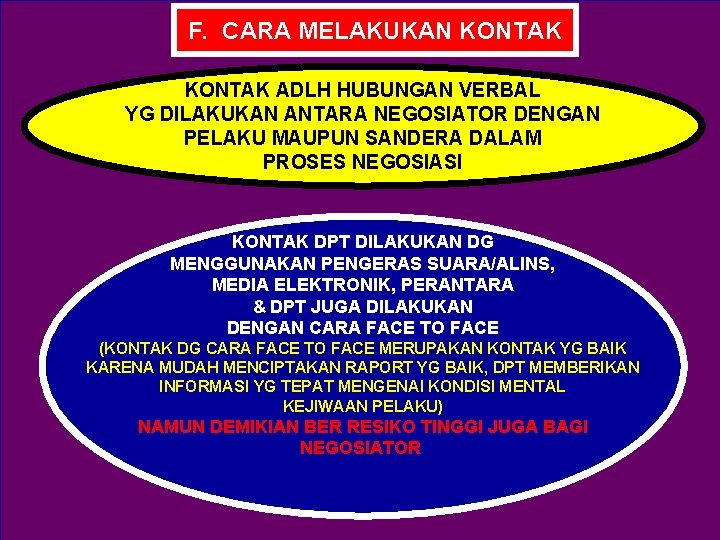 F. CARA MELAKUKAN KONTAK ADLH HUBUNGAN VERBAL YG DILAKUKAN ANTARA NEGOSIATOR DENGAN PELAKU MAUPUN F. CARA MELAKUKAN KONTAK ADLH HUBUNGAN VERBAL YG DILAKUKAN ANTARA NEGOSIATOR DENGAN PELAKU MAUPUN