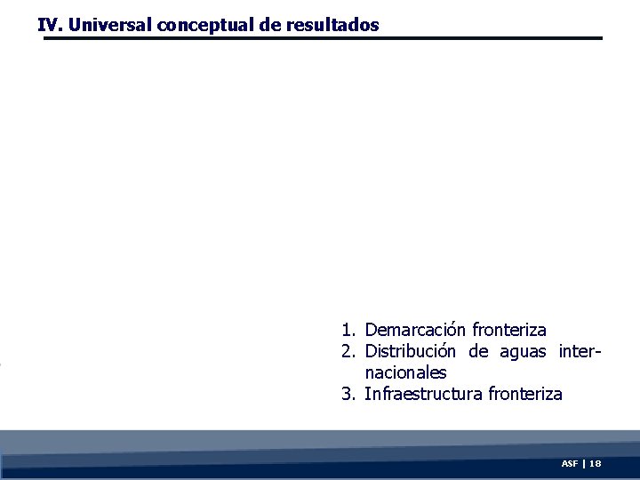 IV. Universal conceptual de resultados 1. Demarcación fronteriza 2. Distribución de aguas internacionales 3.