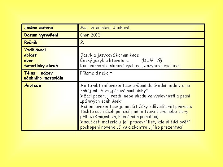 Jméno autora Mgr. Stanislava Junková Datum vytvoření únor 2013 Ročník 2. Vzdělávací oblast obor