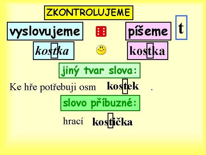 ZKONTROLUJEME vyslovujeme kostka píšeme kostka jiný tvar slova: Ke hře potřebuji osm kostek slovo