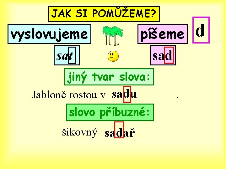 JAK SI POMŮŽEME? vyslovujeme píšeme sat sad jiný tvar slova: Jabloně rostou v sadu