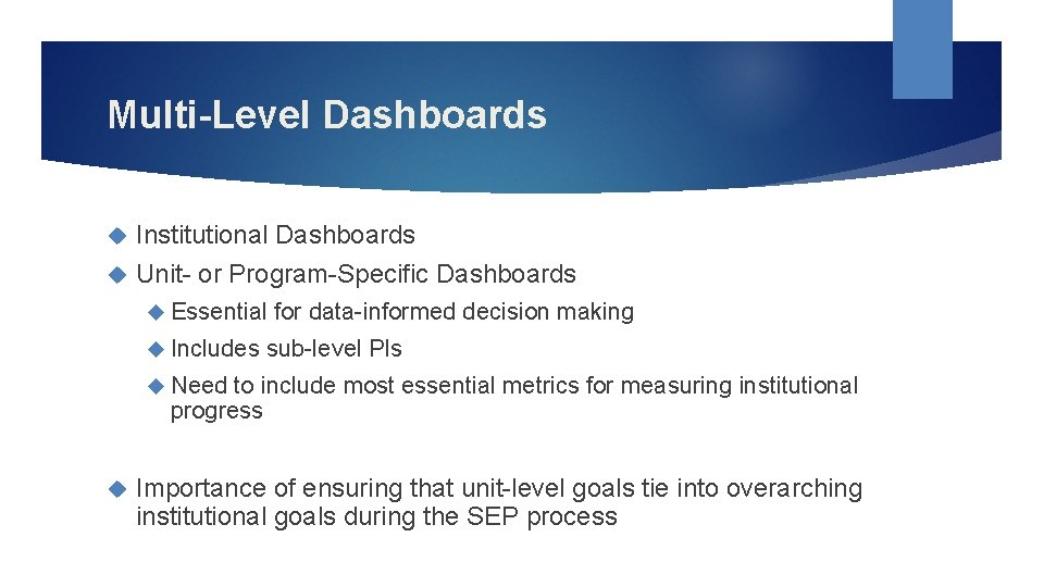 Multi-Level Dashboards Institutional Dashboards Unit- or Program-Specific Dashboards Essential Includes for data-informed decision making