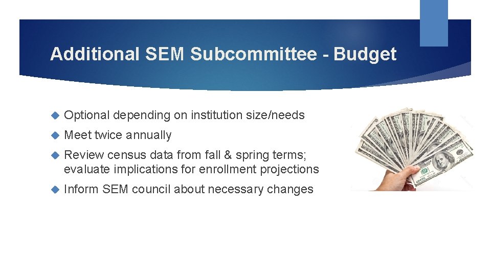 Additional SEM Subcommittee - Budget Optional depending on institution size/needs Meet twice annually Review