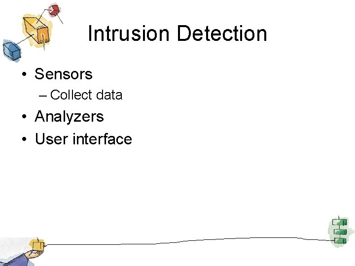 Intrusion Detection • Sensors – Collect data • Analyzers • User interface Intrusion Detection • Sensors – Collect data • Analyzers • User interface