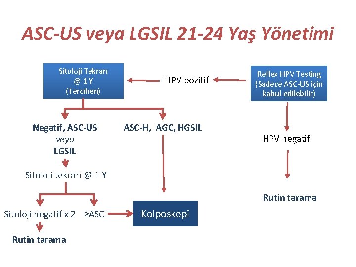ASC-US veya LGSIL 21 -24 Yaş Yönetimi Sitoloji Tekrarı @1 Y (Tercihen) Negatif, ASC-US