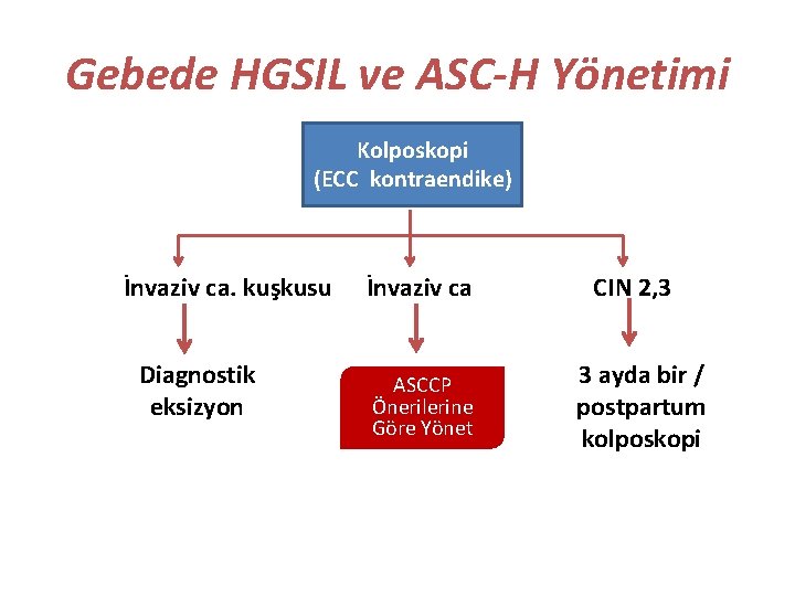 Gebede HGSIL ve ASC-H Yönetimi Kolposkopi (ECC kontraendike) İnvaziv ca. kuşkusu Diagnostik eksizyon İnvaziv