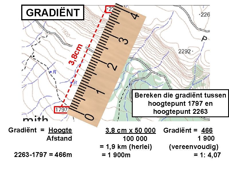 3, 8 c m GRADIËNT Bereken die gradiënt tussen hoogtepunt 1797 en hoogtepunt 2263