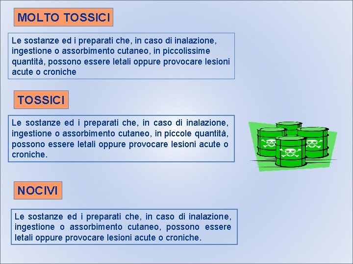 MOLTO TOSSICI Le sostanze ed i preparati che, in caso di inalazione, ingestione o