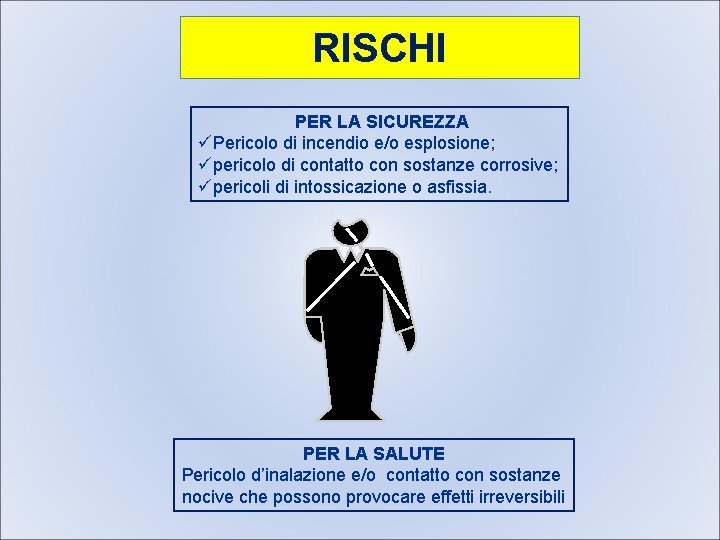 RISCHI PER LA SICUREZZA üPericolo di incendio e/o esplosione; üpericolo di contatto con sostanze