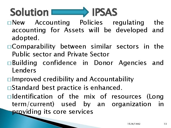 Solution � New IPSAS Accounting Policies regulating the accounting for Assets will be developed