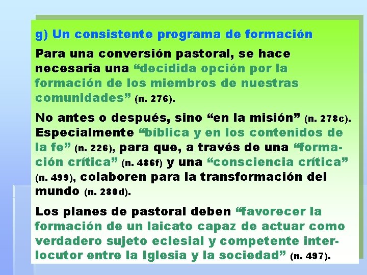 g) Un consistente programa de formación Para una conversión pastoral, se hace necesaria una
