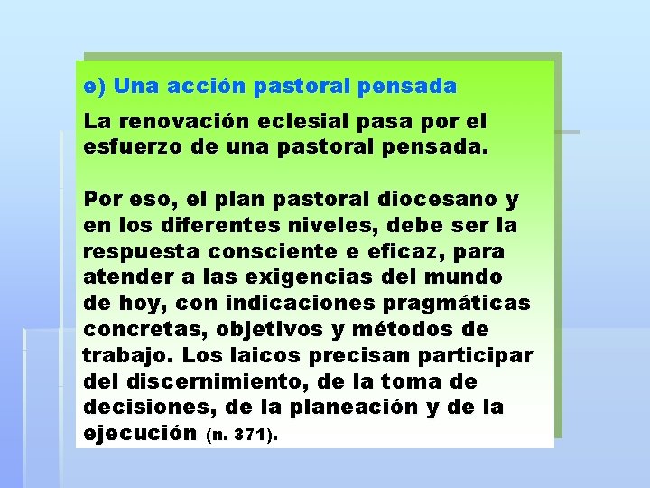 e) Una acción pastoral pensada La renovación eclesial pasa por el esfuerzo de una