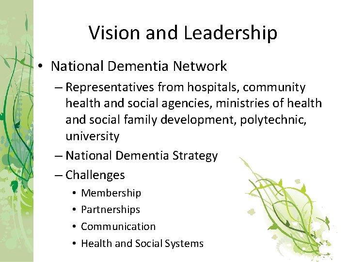 Vision and Leadership • National Dementia Network – Representatives from hospitals, community health and