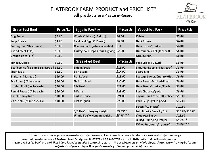 FLATBROOK FARM PRODUCT and PRICE LIST* All products are Pasture-Raised Grass-Fed Beef Price/Lb Eggs