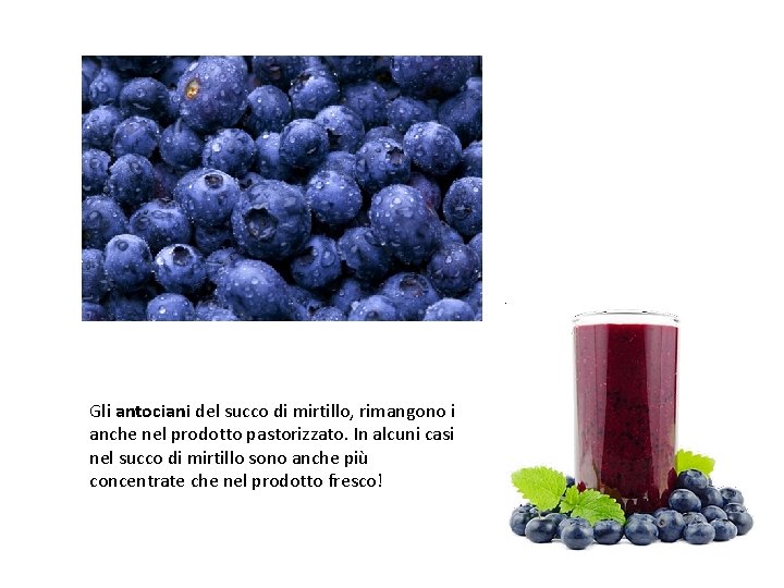 Gli antociani del succo di mirtillo, rimangono i anche nel prodotto pastorizzato. In alcuni Gli antociani del succo di mirtillo, rimangono i anche nel prodotto pastorizzato. In alcuni