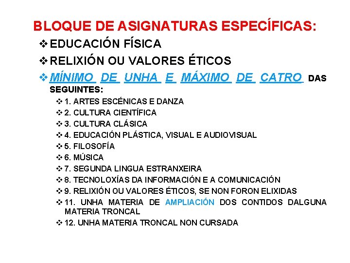 BLOQUE DE ASIGNATURAS ESPECÍFICAS: EDUCACIÓN FÍSICA RELIXIÓN OU VALORES ÉTICOS MÍNIMO DE UNHA E