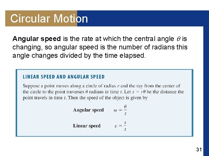 Circular Motion Angular speed is the rate at which the central angle is changing,