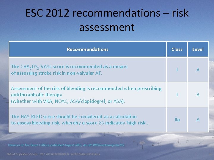 ESC 2012 recommendations – risk assessment Recommendations Class Level The CHA 2 DS 2