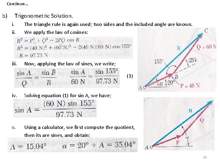 Continue… b) Trigonometric Solution. i. ii. The triangle rule is again used; two sides Continue… b) Trigonometric Solution. i. ii. The triangle rule is again used; two sides