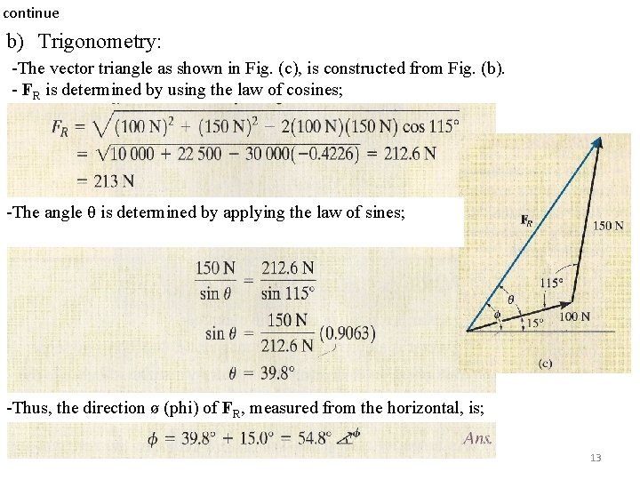continue b) Trigonometry: -The vector triangle as shown in Fig. (c), is constructed from continue b) Trigonometry: -The vector triangle as shown in Fig. (c), is constructed from