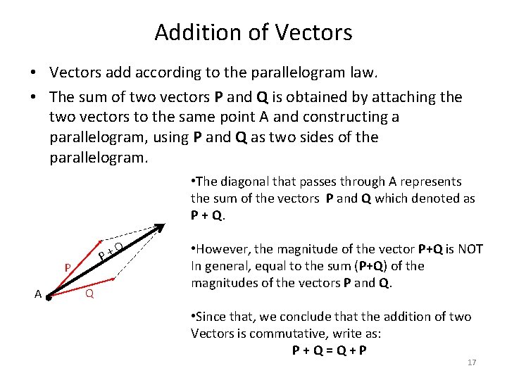 Addition of Vectors • Vectors add according to the parallelogram law. • The sum Addition of Vectors • Vectors add according to the parallelogram law. • The sum