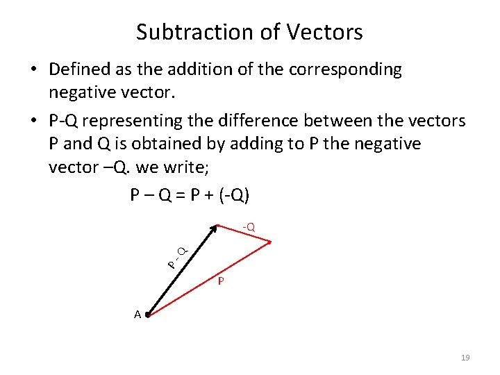 Subtraction of Vectors • Defined as the addition of the corresponding negative vector. • Subtraction of Vectors • Defined as the addition of the corresponding negative vector. •