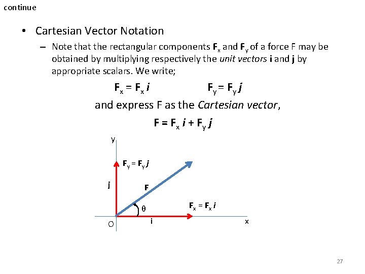 continue • Cartesian Vector Notation – Note that the rectangular components Fx and Fy continue • Cartesian Vector Notation – Note that the rectangular components Fx and Fy