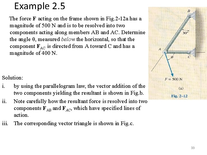 Example 2. 5 The force F acting on the frame shown in Fig. 2 Example 2. 5 The force F acting on the frame shown in Fig. 2