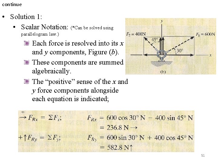 continue • Solution 1: • Scalar Notation: (*Can be solved using parallelogram law. ) continue • Solution 1: • Scalar Notation: (*Can be solved using parallelogram law. )