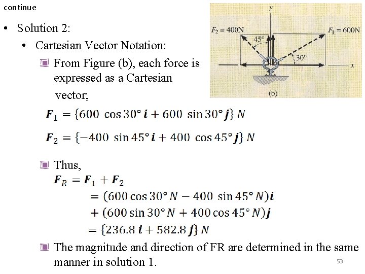 continue • Solution 2: • Cartesian Vector Notation: From Figure (b), each force is continue • Solution 2: • Cartesian Vector Notation: From Figure (b), each force is