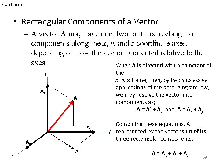 continue • Rectangular Components of a Vector – A vector A may have one, continue • Rectangular Components of a Vector – A vector A may have one,