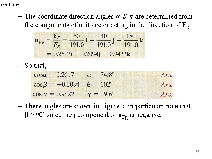 continue – The coordinate direction angles α, β, ɣ are determined from the components continue – The coordinate direction angles α, β, ɣ are determined from the components