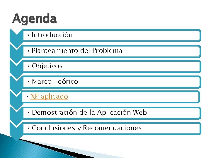 Agenda • Introducción • Planteamiento del Problema • Objetivos • Marco Teórico • XP