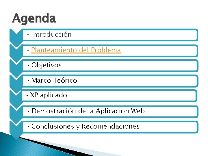 Agenda • Introducción • Planteamiento del Problema • Objetivos • Marco Teórico • XP