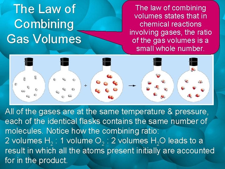 The Law of Combining Gas Volumes The law of combining volumes states that in