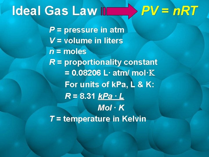 Ideal Gas Law PV = n. RT P = pressure in atm V =