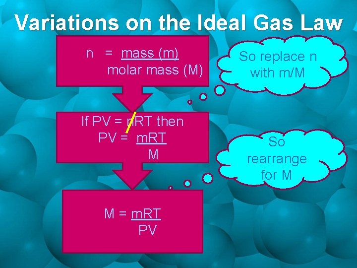 Variations on the Ideal Gas Law n = mass (m) molar mass (M) If