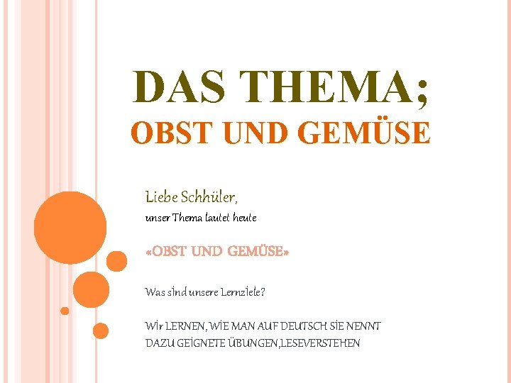 DAS THEMA; OBST UND GEMÜSE Liebe Schhüler, unser Thema lautet heute «OBST UND GEMÜSE»