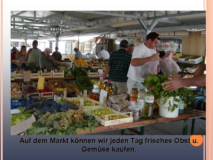 Auf dem Markt können wir jeden Tag frisches Obst u. Gemüse kaufen. 