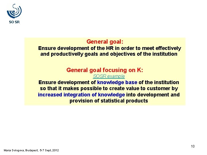 SO SR General goal: Ensure development of the HR in order to meet effectively SO SR General goal: Ensure development of the HR in order to meet effectively