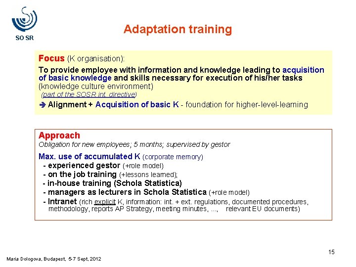 Adaptation training SO SR Focus (K organisation): To provide employee with information and knowledge Adaptation training SO SR Focus (K organisation): To provide employee with information and knowledge
