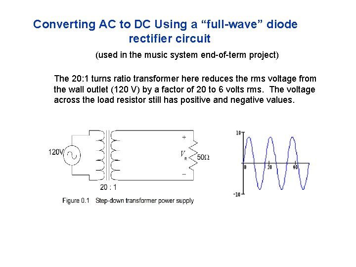 Converting AC to DC Using a “full-wave” diode rectifier circuit (used in the music