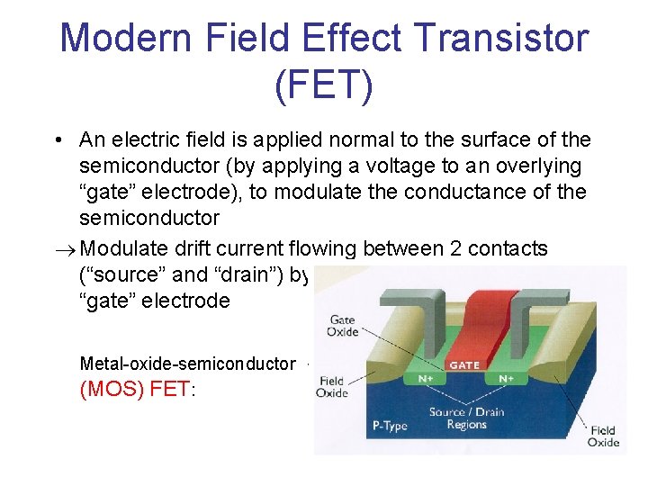 Modern Field Effect Transistor (FET) • An electric field is applied normal to the