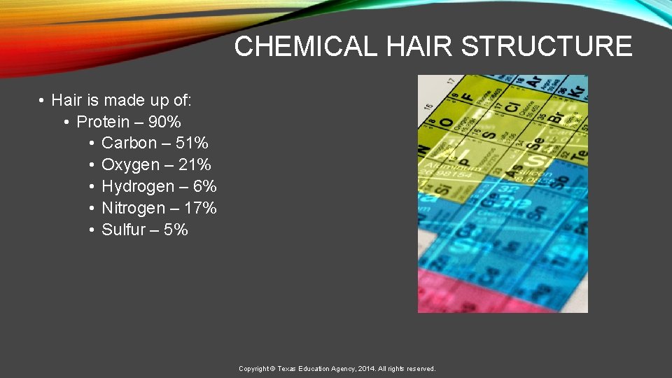 CHEMICAL HAIR STRUCTURE • Hair is made up of: • Protein – 90% •