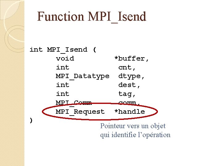 Function MPI_Isend int MPI_Isend ( void *buffer, int cnt, MPI_Datatype dtype, int dest, int