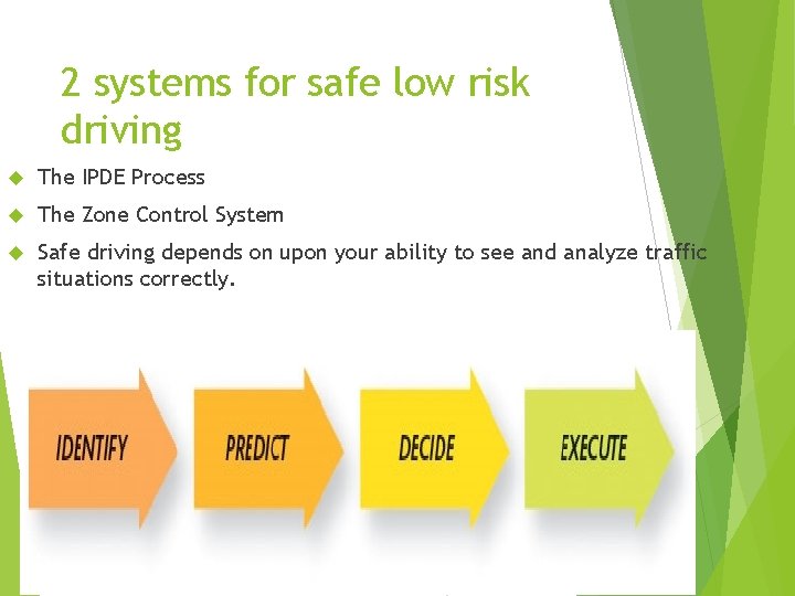 2 systems for safe low risk driving The IPDE Process The Zone Control System