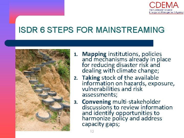 ISDR 6 STEPS FOR MAINSTREAMING 1. 2. 3. Mapping institutions, policies and mechanisms already